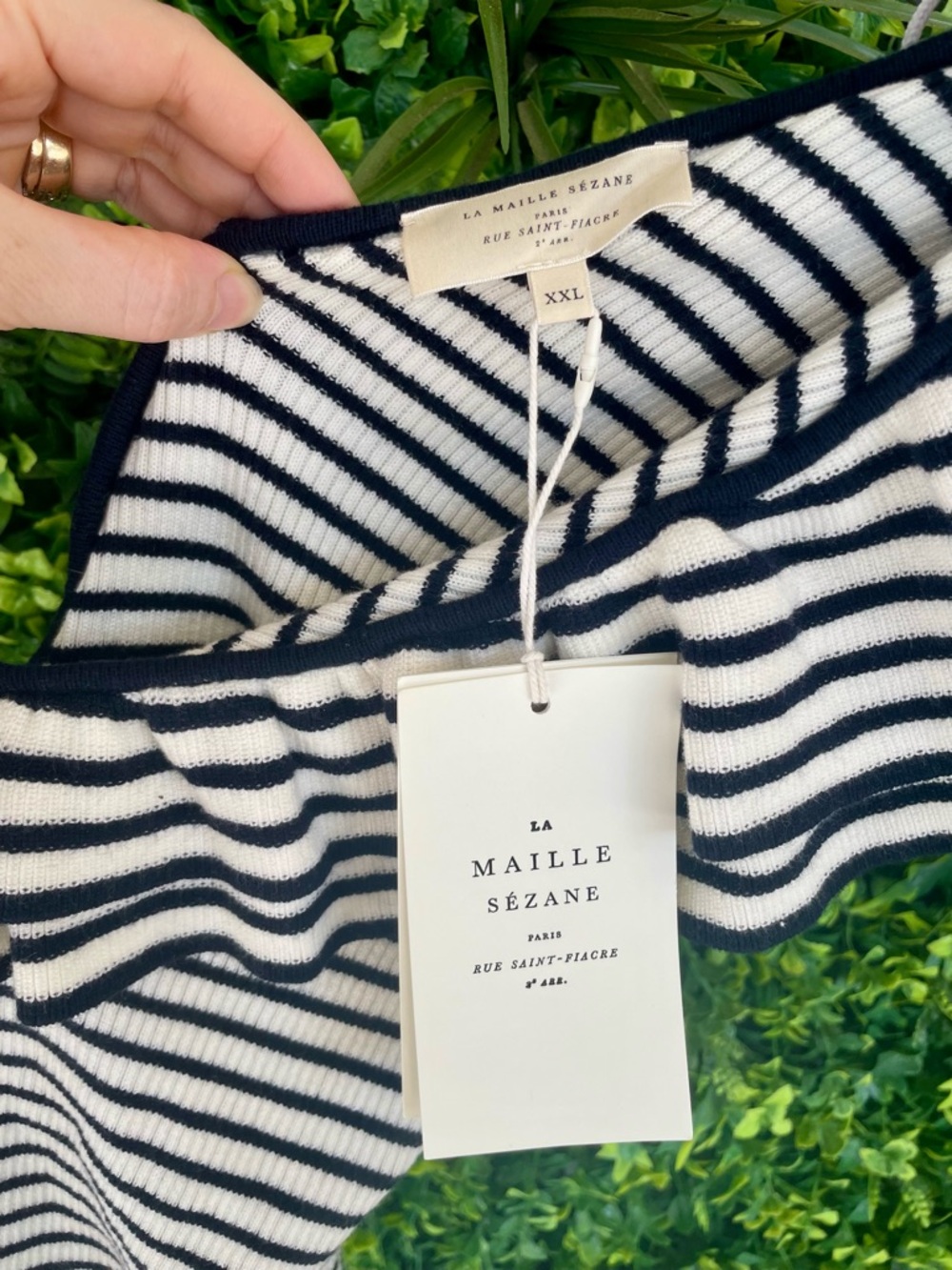 Sézane La Maille Navy & Ivory Striped Ruffle Sleeve Knit Bodysuit XXL NWT - Picture 6 of 7
